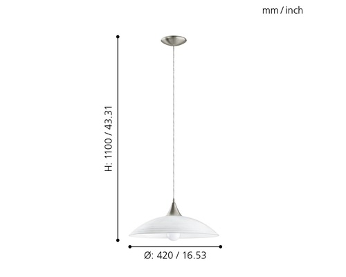 Lampa suspendată cu dimensiunile de 1100 mm înălțime și 420 mm diametru.