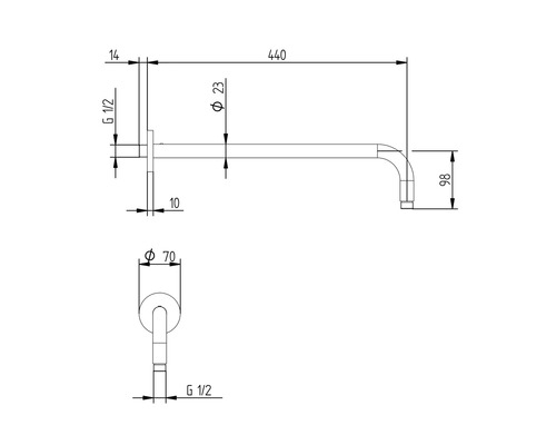 Desen tehnic al unei guri de scurgere de perete cu dimensiuni