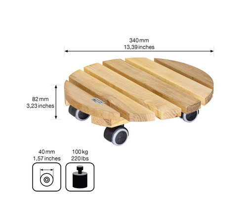 Suport rotund pentru plante din lemn, cu roți și dimensiunile de 340 mm lățime și 82 mm înălțime