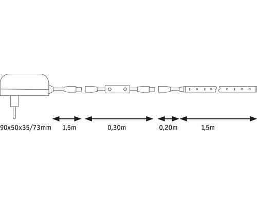 Imagine cu un șir de lumini LED cu ștecher și indicații de dimensiune