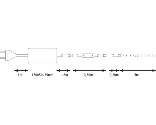 Schema unui şir de LED-uri cu linie de alimentare, ştecăr și dimensiuni.