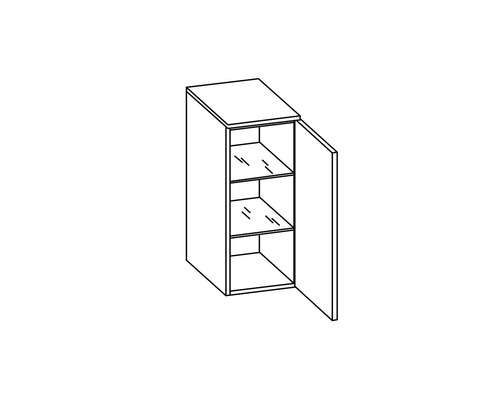 Ilustrație a unui dulap suspendat cu rafturi și o ușă deschisă