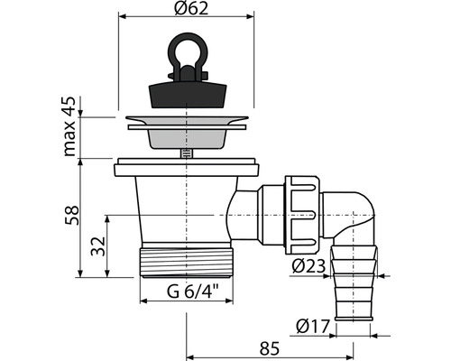 Desen tehnic cu scurgere de chiuvetă cu dop și dimensiuni