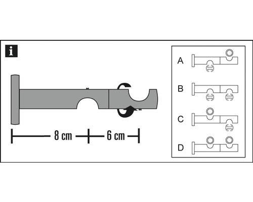 Ilustrație a unui suport pentru tijă de perdea cu instrucțiuni de asamblare și dimensiunile de opt și șase centimetri.