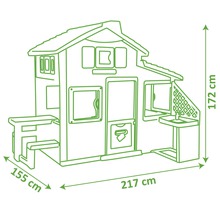 Dimensiunile unei căsuțe de joacă cu masă de picnic și chiuvetă: 172 cm înălțime, 217 cm lățime și 155 cm adâncime