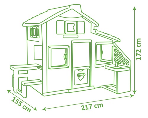Dimensiunile unei căsuțe de joacă cu masă de picnic și chiuvetă: 172 cm înălțime, 217 cm lățime și 155 cm adâncime