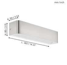 Lumină de perete cu dimensiunile de 365 pe 90 pe 80 milimetri.