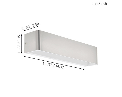 Lumină de perete cu dimensiunile de 365 pe 90 pe 80 milimetri.