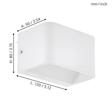 Lampa de perete albă cu dimensiuni.