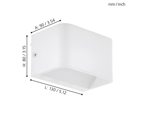 Lampa de perete albă cu dimensiuni.