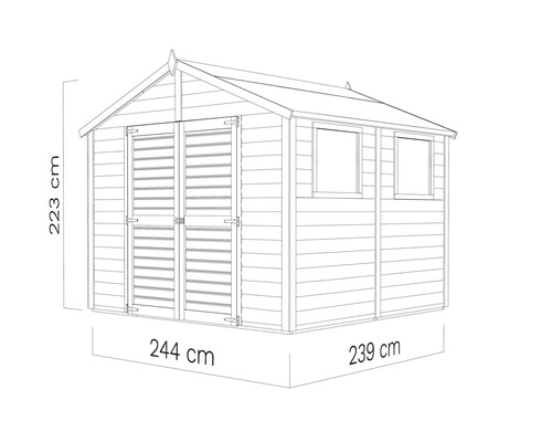 Imagine a unei magazii de grădină cu dimensiunile de 223 cm înălțime, 244 cm lățime și 239 cm adâncime.