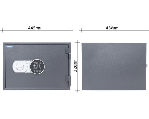 Imagine a unui seif cu dimensiunile de 445 pe 320 pe 450 milimetri.