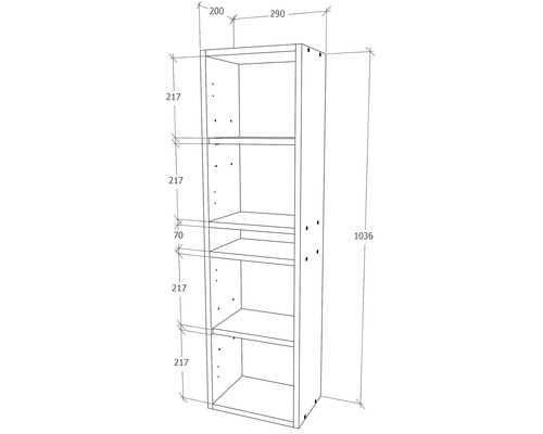Desen tehnic al unui raft cu cinci compartimente și dimensiuni.