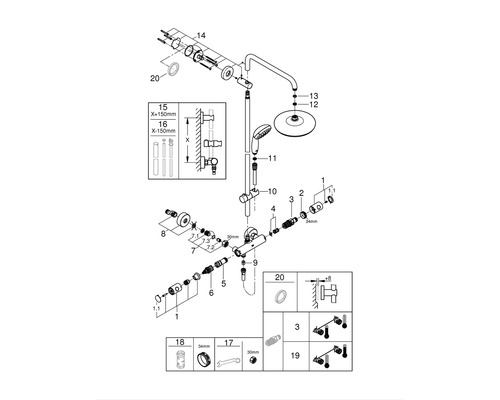 Desen explodat al unei baterii de duș cu piesele individuale aferente.