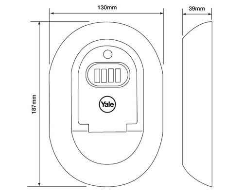 Desen tehnic al unei cutii de chei Yale cu dimensiunile 187 mm înălțime, 130 mm lățime și 39 mm adâncime