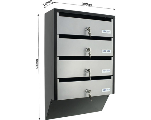 Instalație cutie poștală cu patru compartimente, fiecare cu cheie