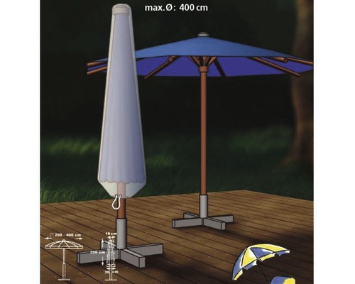 Două umbrele de soare, una închisă cu husă de protecție, cealaltă deschisă
