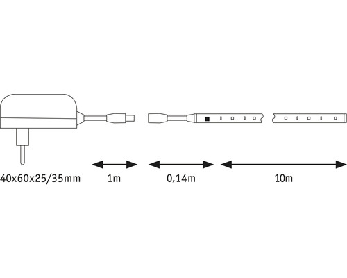 Imagine cu o bandă LED cu dimensiunile 40x60x25/35 mm, 1 m, 0,14 m și 10 m.