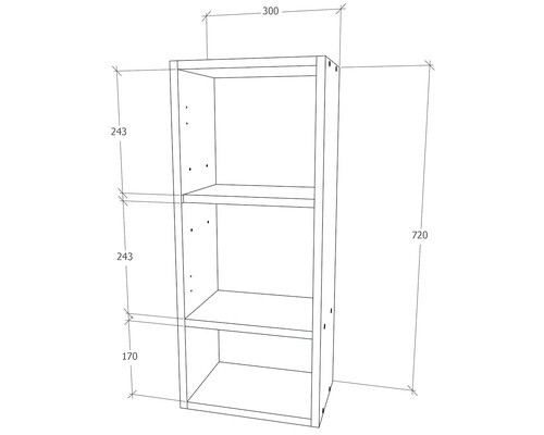 Desen tehnic al unui raft cu trei compartimente și dimensiunile 300 x 720 x 243 mm.