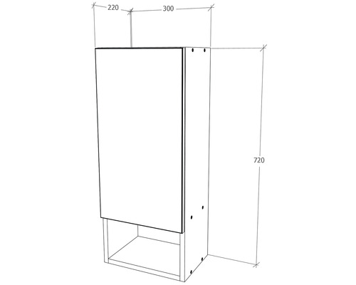 Desen al unui dulap înalt de baie cu dimensiunile 720 x 300 x 220 milimetri.