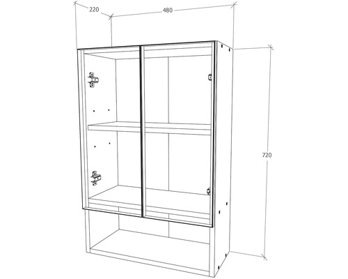 Desen al unui dulap suspendat de baie cu două uși și compartiment deschis dedesubt, dimensiuni 720x480x220 mm