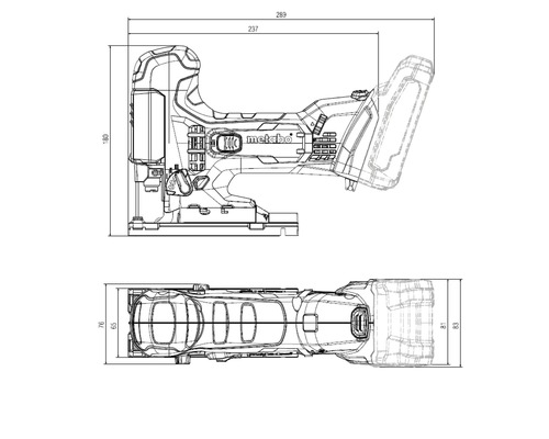 Desen dimensional fierăstrău vertical Metabo cu vedere laterală și de sus