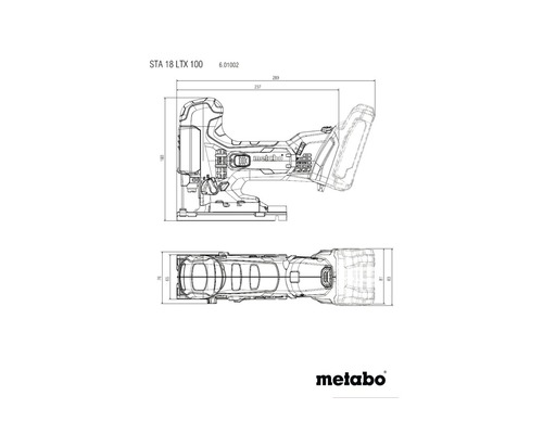 Desen tehnic al ferăstrăului vertical Metabo STA 18 LTX 100 cu dimensiuni