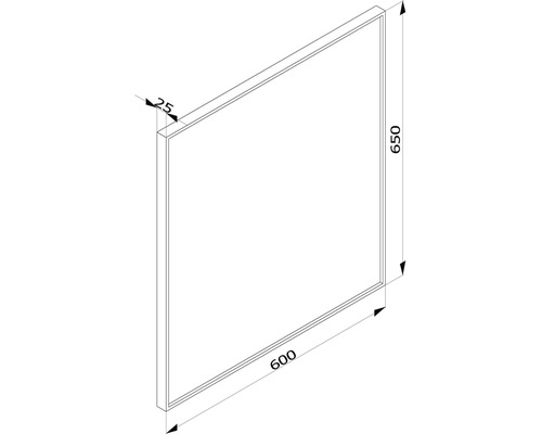 Desen tehnic al unui panou cu dimensiunile de 600 pe 650 milimetri și o grosime de 25 milimetri