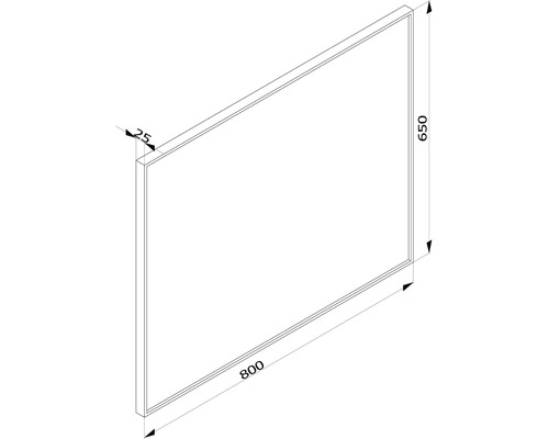Desen tehnic al unui paravan de duș cu dimensiunile de 800 x 650 x 25 milimetri