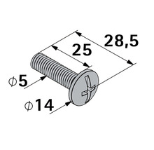 Desen tehnic al unui șurub cu dimensiunile de 5 mm diametru, 25 mm lungime și 14 mm diametru cap