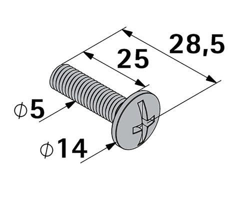 Desen tehnic al unui șurub cu dimensiunile de 5 mm diametru, 25 mm lungime și 14 mm diametru cap