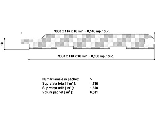 Desen tehnic al unei scânduri profilate cu dimensiuni