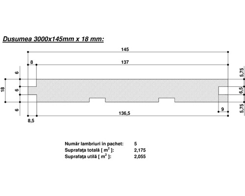 Desen tehnic al unei scânduri cu nut și feder 3000x145 milimetri x 18 milimetri cu dimensiuni