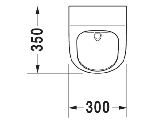 Desen tehnic al unui WC suspendat cu dimensiunile de 350 mm înălțime și 300 mm lățime.