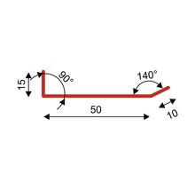 Schema unui profil metalic cu dimensiunile 15, 50 și 10 milimetri și unghiuri de 90 de grade și 140 de grade.