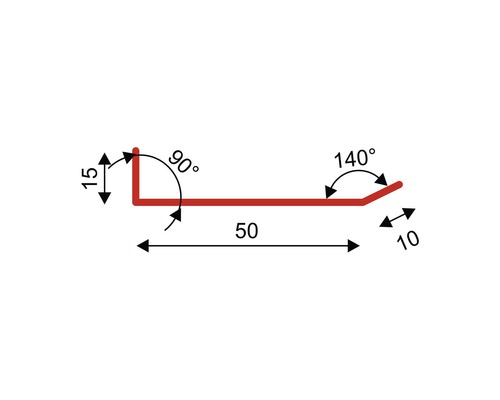 Schema unui profil metalic cu dimensiunile 15, 50 și 10 milimetri și unghiuri de 90 de grade și 140 de grade.