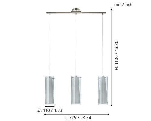 Lumină suspendată cu trei lămpi din sticlă și metal