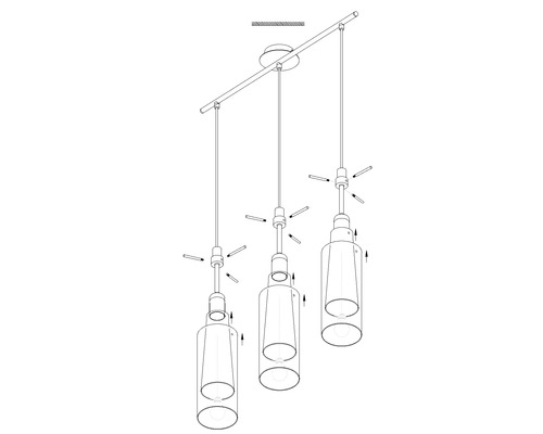 Imagine cu o lampă suspendată cu trei lumini și instrucțiuni de montare.