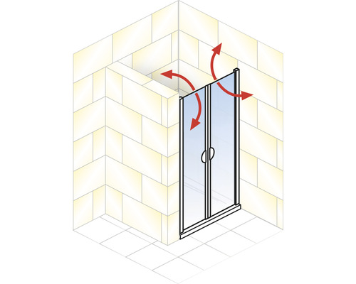 Ușă de duș cu săgeți care indică mișcarea de rotație