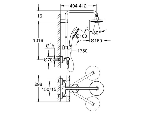 Desen tehnic cu dimensiunile bateriei de duș cu cap și duș de mână