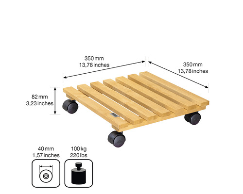 Suport mobil pentru plante din lemn, cu dimensiunile de 350 mm x 350 mm și capacitatea maximă de încărcare de 100 kg