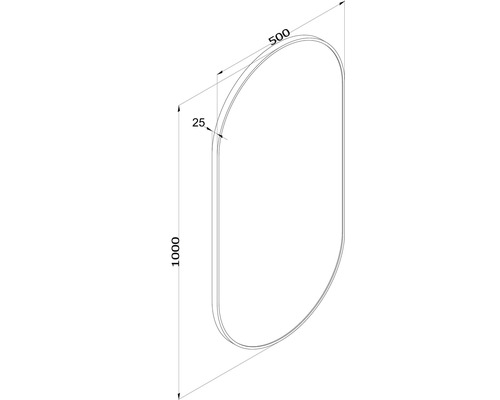 Desen tehnic al unei oglinzi ovale cu dimensiunile 1000 x 500 mm