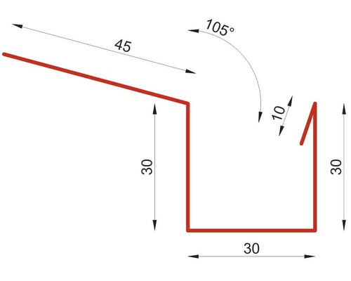 Desen tehnic al unui colț de jgheab cu dimensiuni