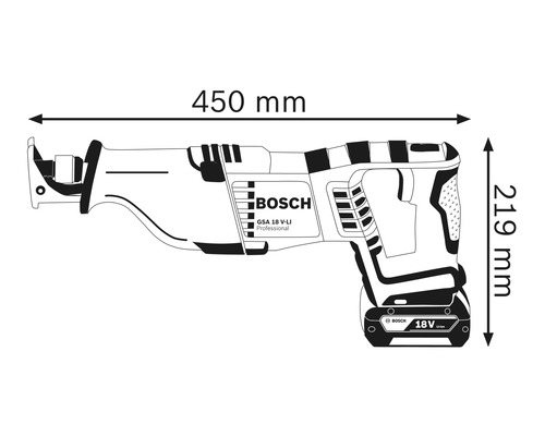 Ilustrație cu dimensiunile fierăstrăului sabie, lungime de 450 mm și înălțime de 219 mm
