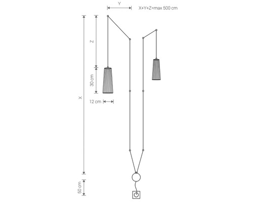 Schiță a unei lămpi suspendate cu dimensiuni