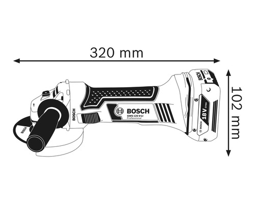 Polizor unghiular Bosch GWS 125 V-LI Professional cu dimensiuni: lungime 320 mm, înălțime 102 mm
