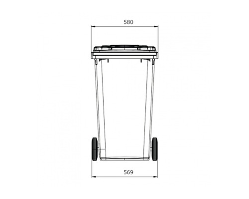 Desen tehnic al unui container de gunoi cu roți și dimensiuni.