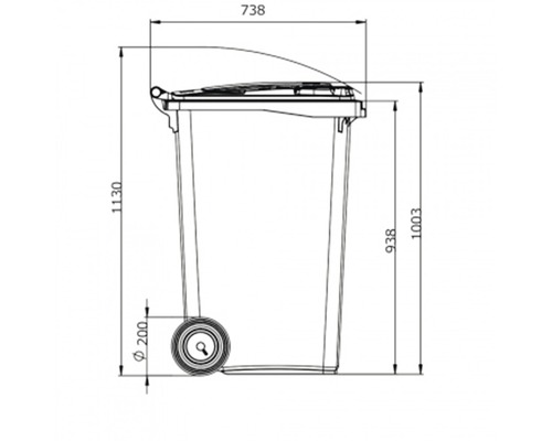 Desen tehnic al unui coș de gunoi cu dimensiuni.