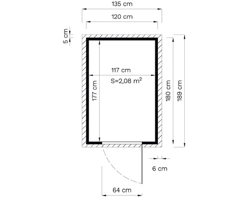 Desen tehnic al unei camere cu ușă și dimensiuni în centimetri