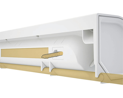 Vizualizare detaliată a unui șurub pe un produs alb pentru montare pe perete